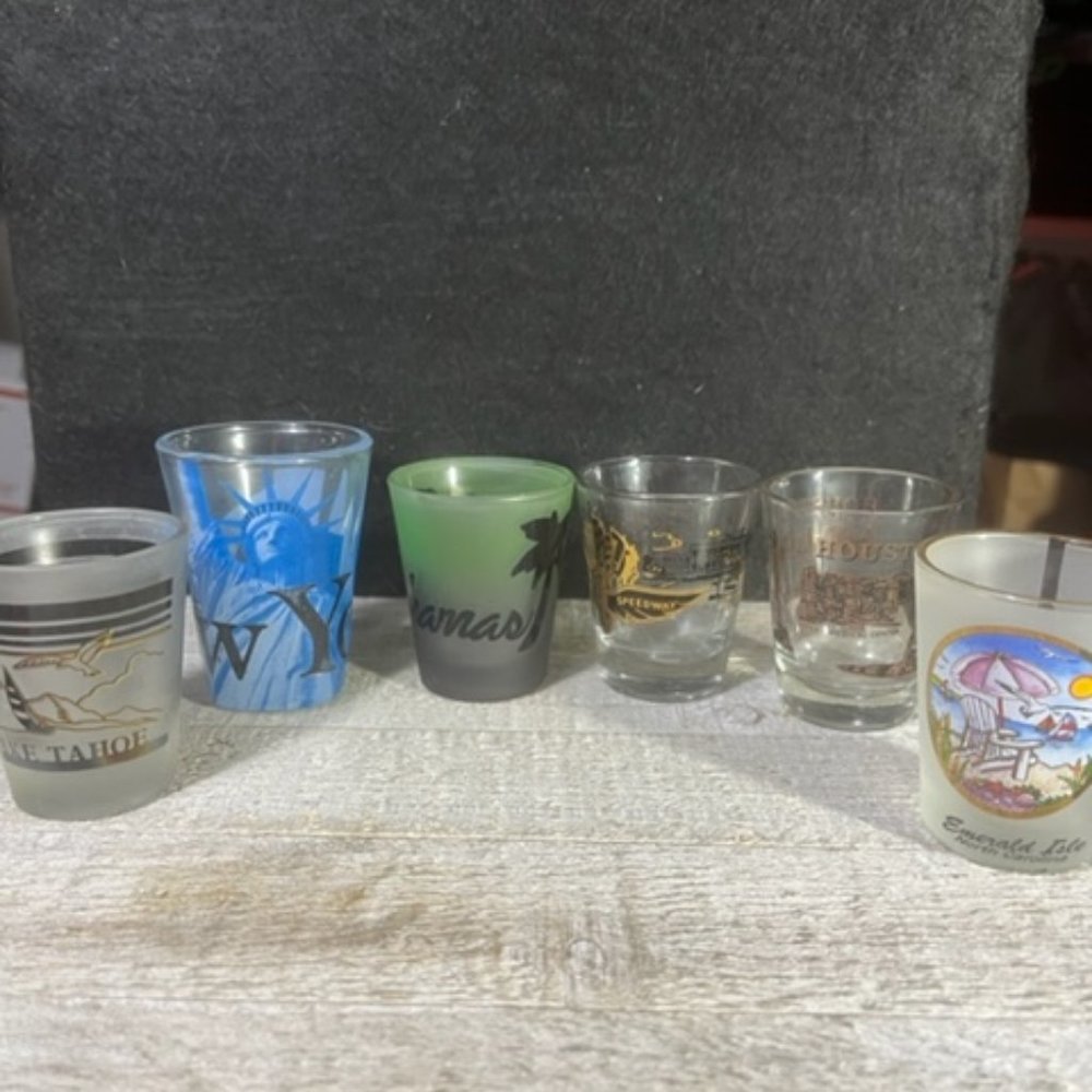 6 Shot Glasses: New York, Indy, Lake Tahoe, Bahamas, Emerald Isle, Houston